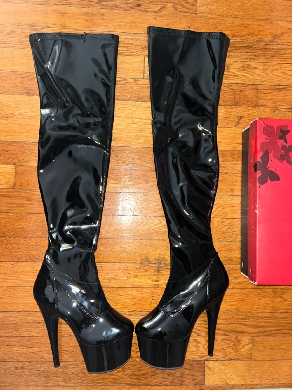 Pleaser Black Patent Over-The-Knee Platform Stiletto Boots
